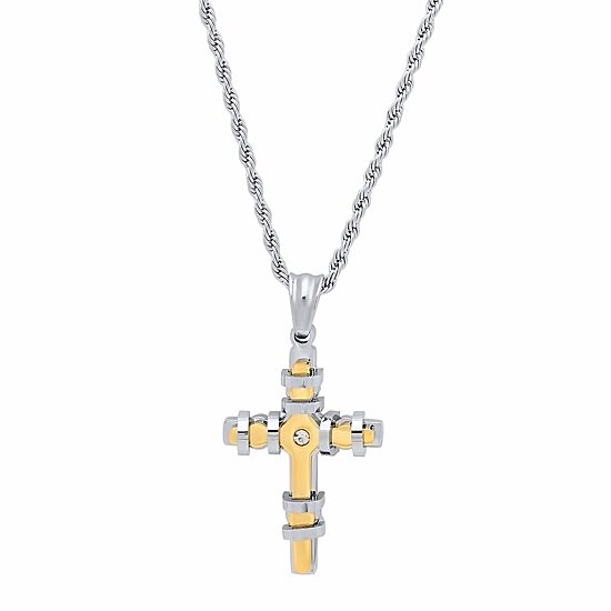 Steeltime Mens 2 1/4 CT. T.W. White Cubic Zirconia 18K Gold Over Stainless Steel Cross 18 Inch Pendant Necklace