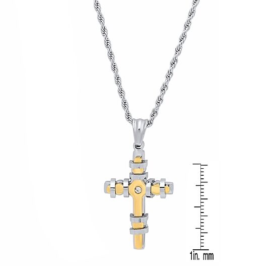 Steeltime Mens 2 1/4 CT. T.W. White Cubic Zirconia 18K Gold Over Stainless Steel Cross 18 Inch Pendant Necklace