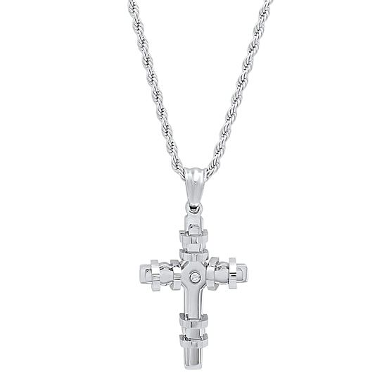Steeltime Mens 2 1/4 CT. T.W. White Cubic Zirconia Stainless Steel Cross 24 Inch Pendant Necklace