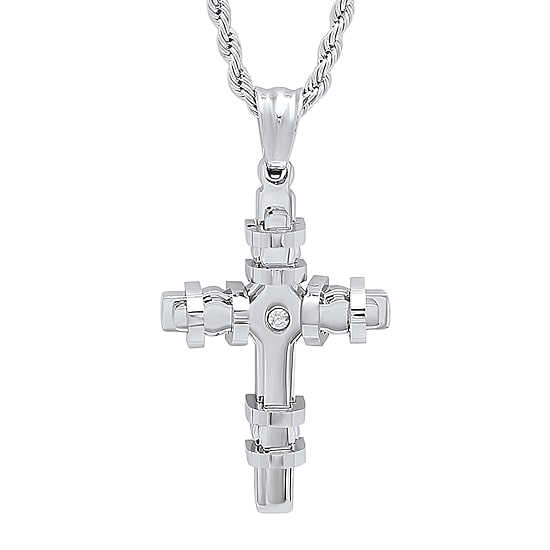 Steeltime Mens 2 1/4 CT. T.W. White Cubic Zirconia Stainless Steel Cross 24 Inch Pendant Necklace