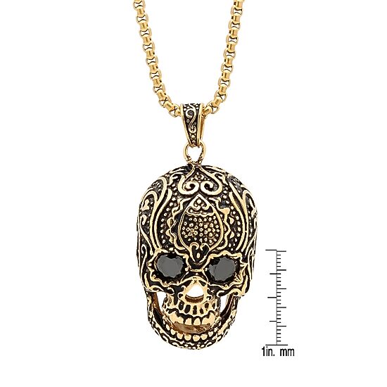 Steeltime Mens 3 1/2 CT. T.W Simulated Black Cubic Zirconia 18K Gold Over Stainless Steel Skull Hypoallergenic 30 Inch Pendant Necklace