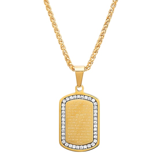 Steeltime Lord'S Prayer Mens 2 1/4 CT. T.W. Simulated White Cubic Zirconia 18K Gold Over Stainless Steel Cross Dog Tag 24 Inch Pendant Necklace