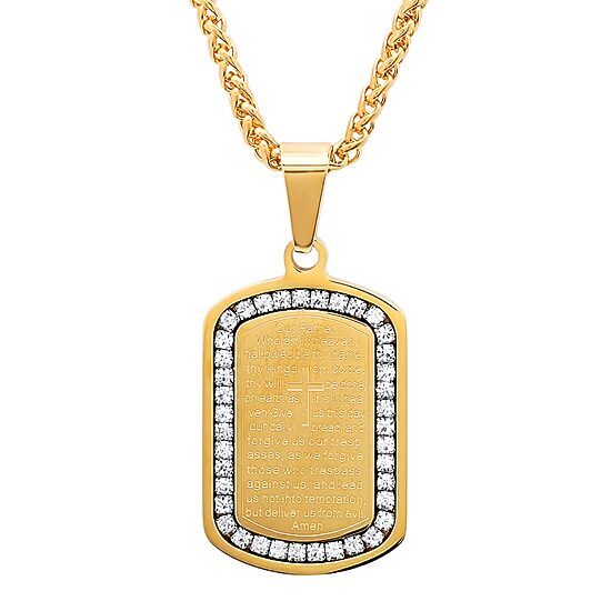 Steeltime Lord'S Prayer Mens 2 1/4 CT. T.W. Simulated White Cubic Zirconia 18K Gold Over Stainless Steel Cross Dog Tag 24 Inch Pendant Necklace