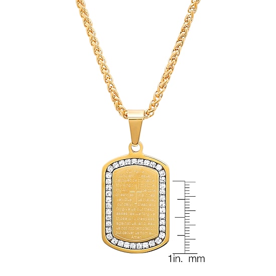 Steeltime Lord'S Prayer Mens 2 1/4 CT. T.W. Simulated White Cubic Zirconia 18K Gold Over Stainless Steel Cross Dog Tag 24 Inch Pendant Necklace