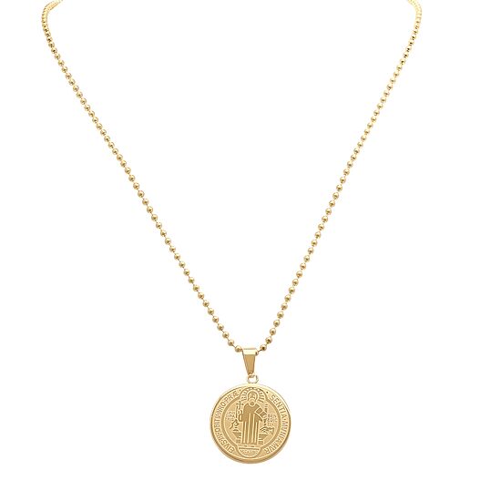 Steeltime Saint Benedict Medal Mens 18K Gold Over Stainless Steel Round 24 Inch Pendant Necklace