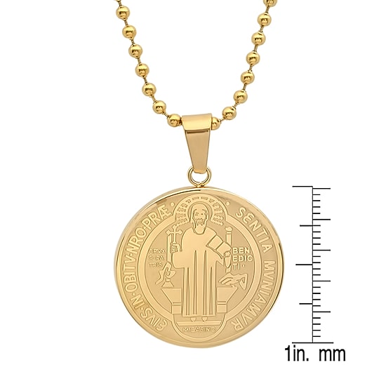 Steeltime Saint Benedict Medal Mens 18K Gold Over Stainless Steel Round 24 Inch Pendant Necklace