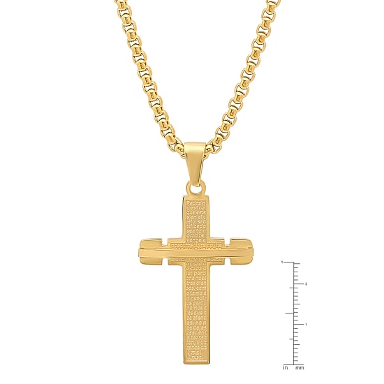 Steeltime Mens 18K Gold Over Stainless Steel Cross 24 Inch Pendant Necklace