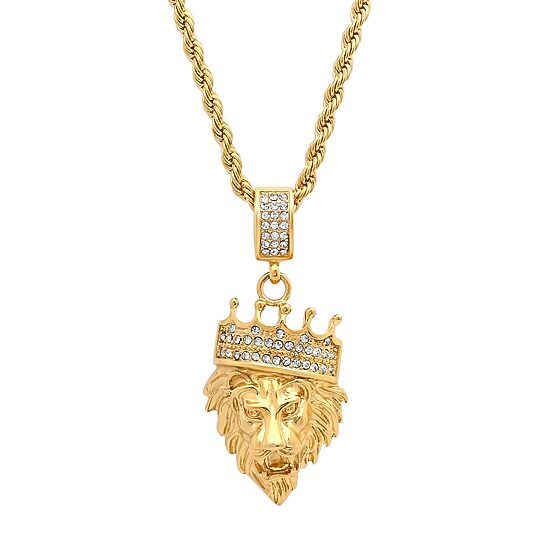 Steeltime Lion Head Mens 1/2 CT. T.W. White Cubic Zirconia 18K Gold Over Stainless Steel Crown Hypoallergenic 30 Inch Pendant Necklace