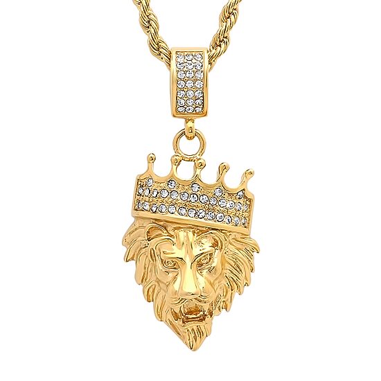 Steeltime Lion Head Mens 1/2 CT. T.W. White Cubic Zirconia 18K Gold Over Stainless Steel Crown Hypoallergenic 30 Inch Pendant Necklace