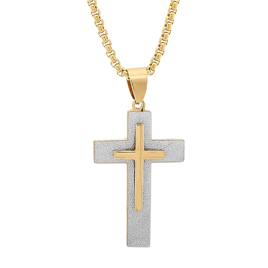 Steeltime Mens 18K Gold Over Stainless Steel Cross 24 Inch Pendant Necklace