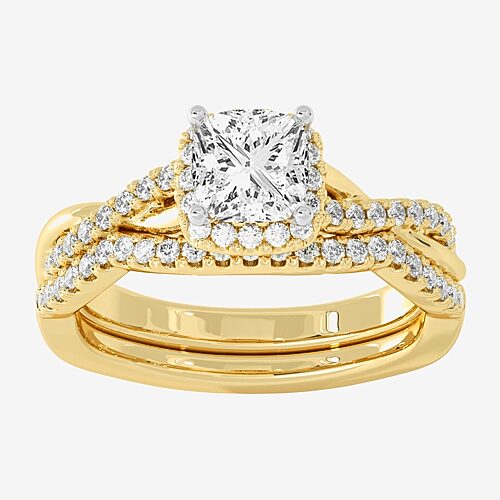 Signature By Modern Bride (H-I / Si1-Si2) Womens 1 1/5 CT. T.W. Lab Grown White Diamond 10K White Gold Side Stone Halo Bridal Set, 9, Yellow