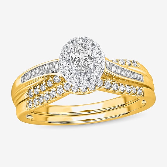 Womens 1/2 CT. T.W. Natural White Diamond 10K Gold Oval Side Stone Halo Bridal Set