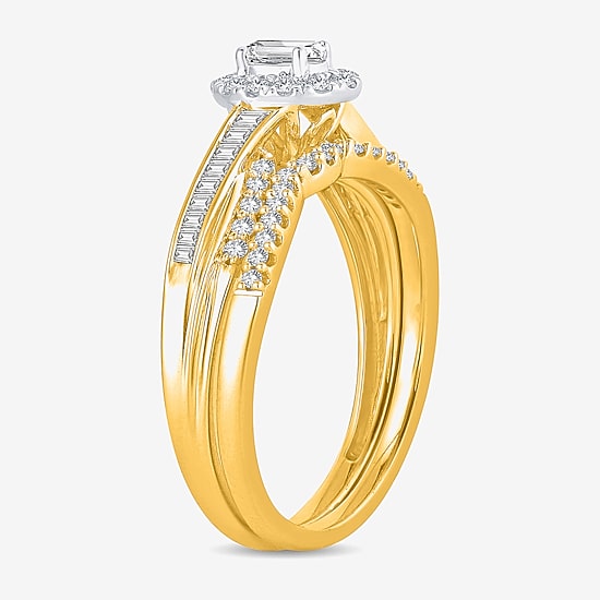 Womens 1/2 CT. T.W. Natural White Diamond 10K Gold Oval Side Stone Halo Bridal Set