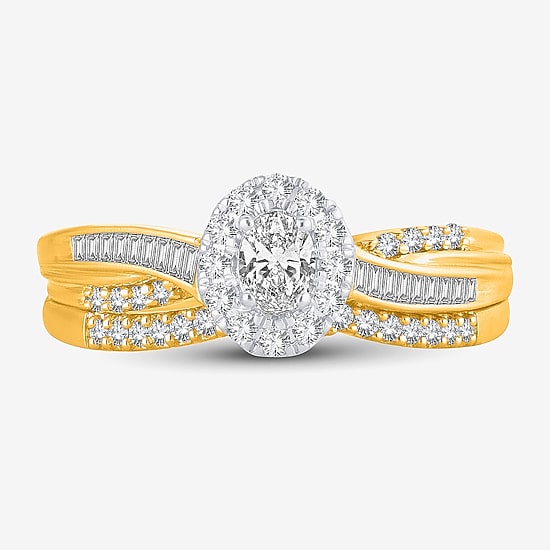 Womens 1/2 CT. T.W. Natural White Diamond 10K Gold Oval Side Stone Halo Bridal Set
