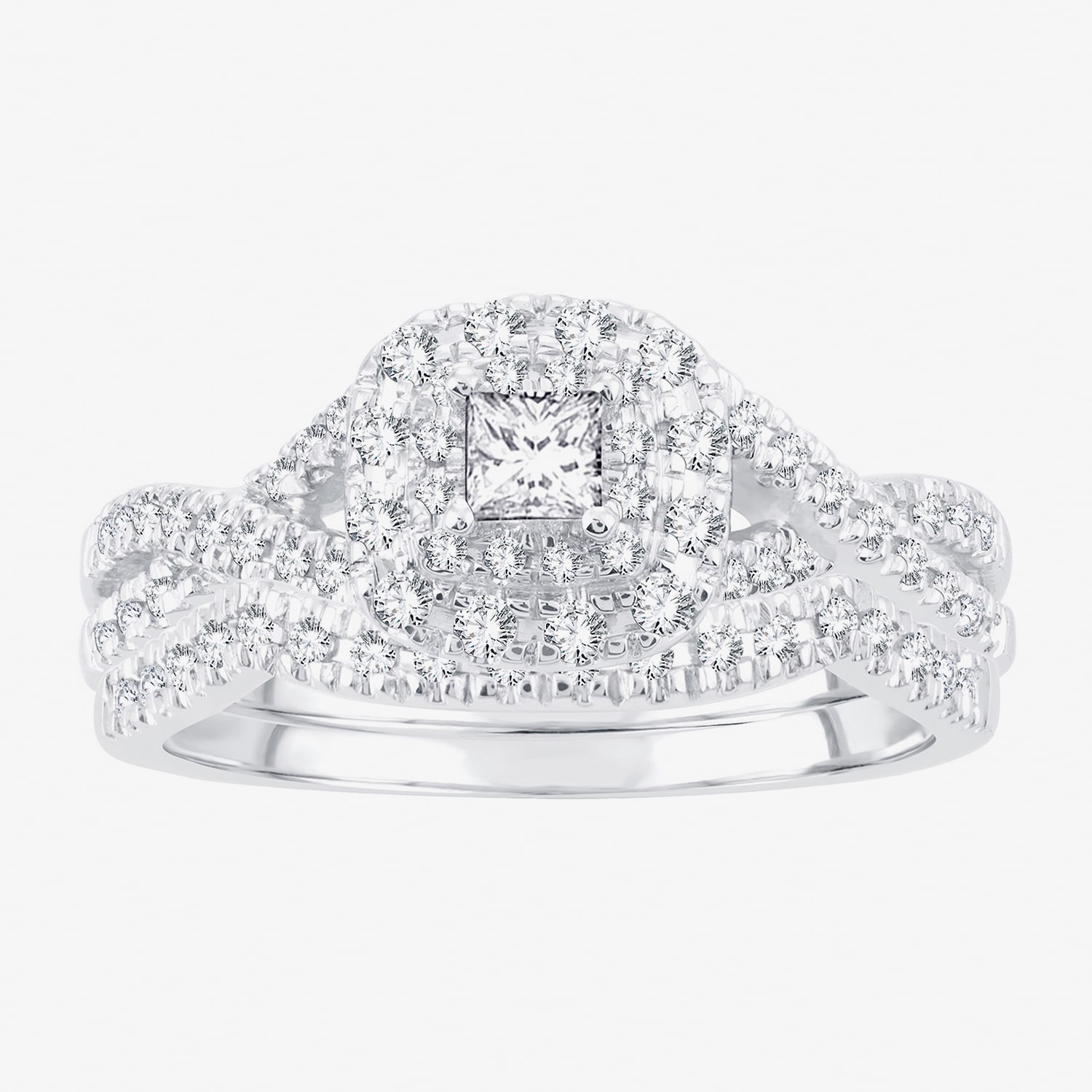 Womens 1/2 CT. T.W. Natural White Diamond 14K Gold Cushion Side Stone Halo Bridal Set