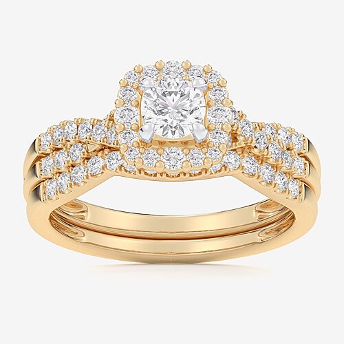 Signature By Modern Bride (G-H / Si1-Si2) Womens 7/8 CT. T.W. Lab Grown White Diamond 10K Gold Side Stone Halo Bridal Set, 9, Yellow