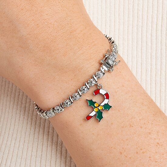 Sparkle Allure Candy Cane Charm Womens Natural White Diamond Accent Pure Silver Over Brass 7.25 Inch Tennis Bracelet