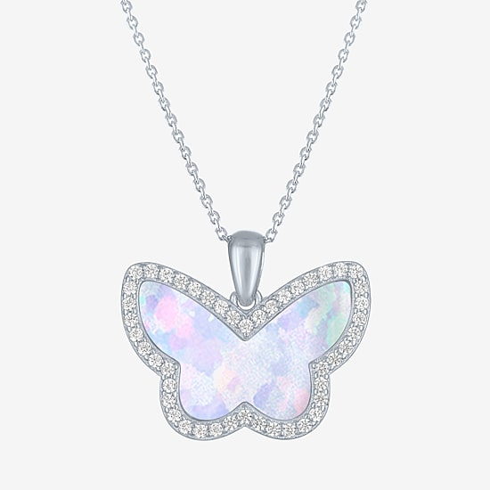 Womens Lab Created White Opal Sterling Silver Butterfly 18 Inch Pendant Necklace