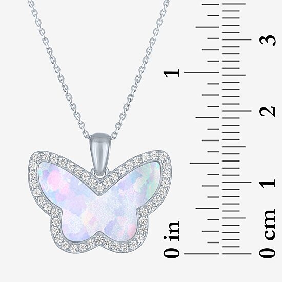 Womens Lab Created White Opal Sterling Silver Butterfly 18 Inch Pendant Necklace