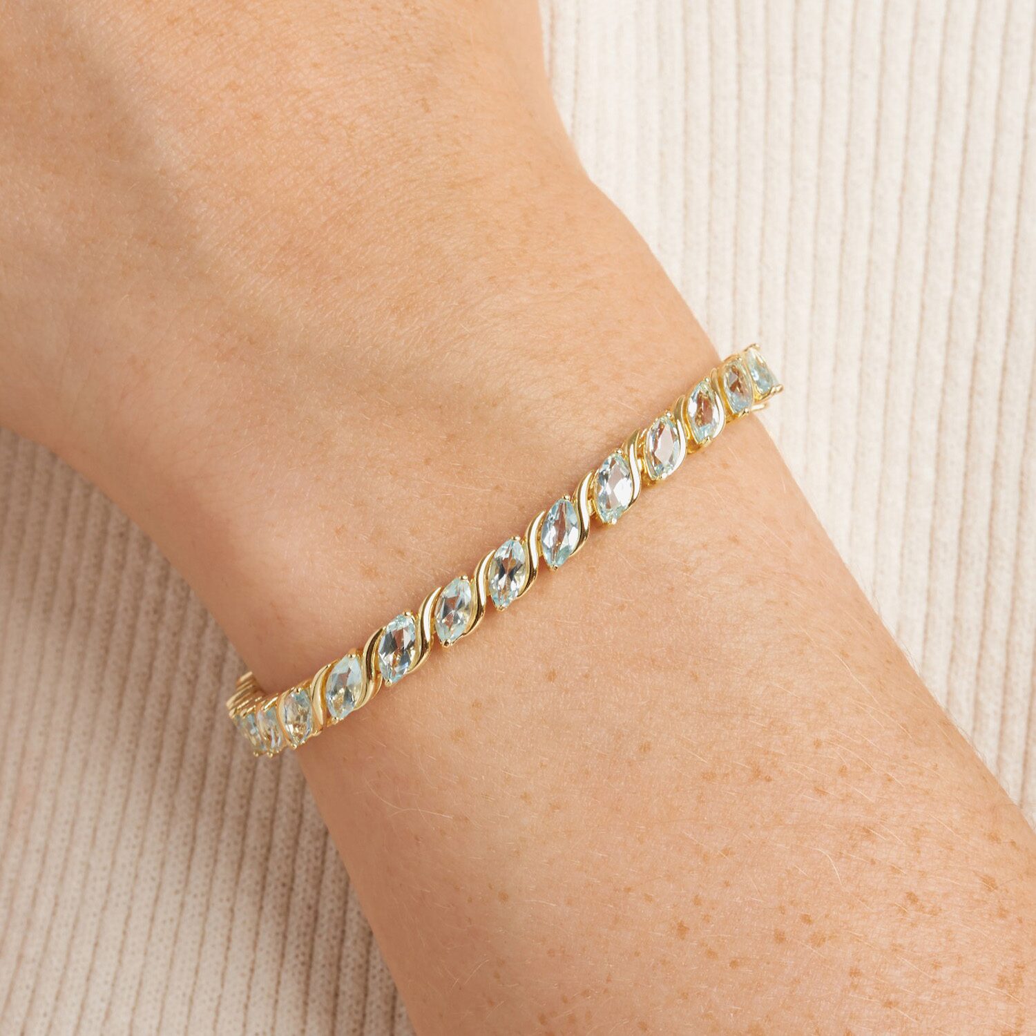 Womens Genuine Blue Topaz 18K Gold Over Silver Tennis Bracelet