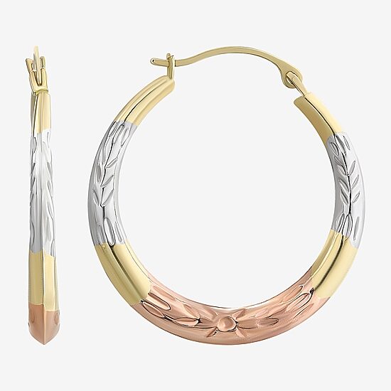 14K Tri-Tone Gold Diamond-Cut Round Hoop Earrings