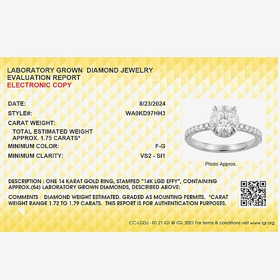 Effy Final Call (G / Vs2-Si1) Womens 1 3/4 CT. T.W. Lab Grown White Diamond 14K Gold Round Solitaire Side Stone Engagement Ring