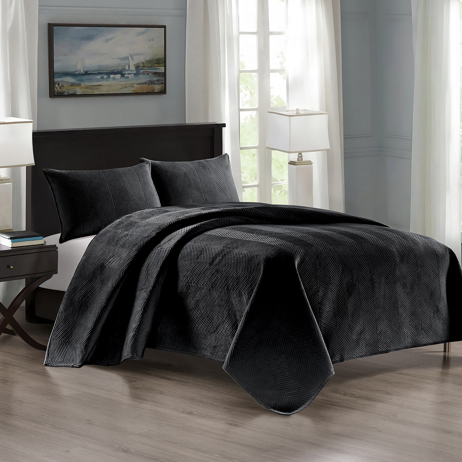 Pointehaven Velvet Chevron Design Oversized Quilt Set