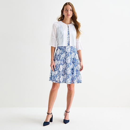 Perceptions Womens Floral Jacket Dress, Color: White Denim - JCPenney