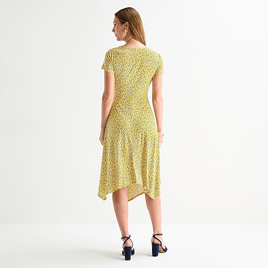Perceptions Womens High-Low V Neck Short Sleeve Floral Fit + Flare Dress