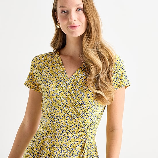 Perceptions Womens High-Low V Neck Short Sleeve Floral Fit + Flare Dress