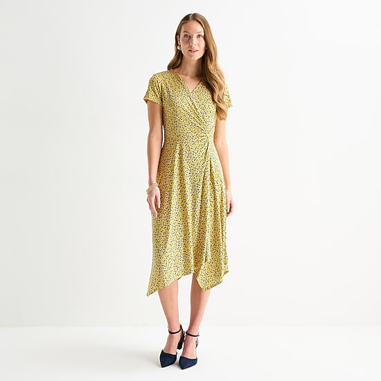 Perceptions Womens High-Low V Neck Short Sleeve Floral Fit + Flare Dress
