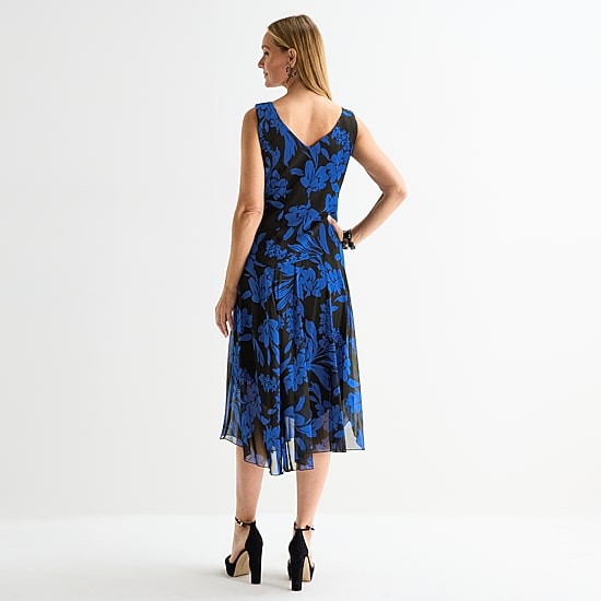 Connected Apparel Womens Midi V Neck Sleeveless Floral Fit + Flare Dress