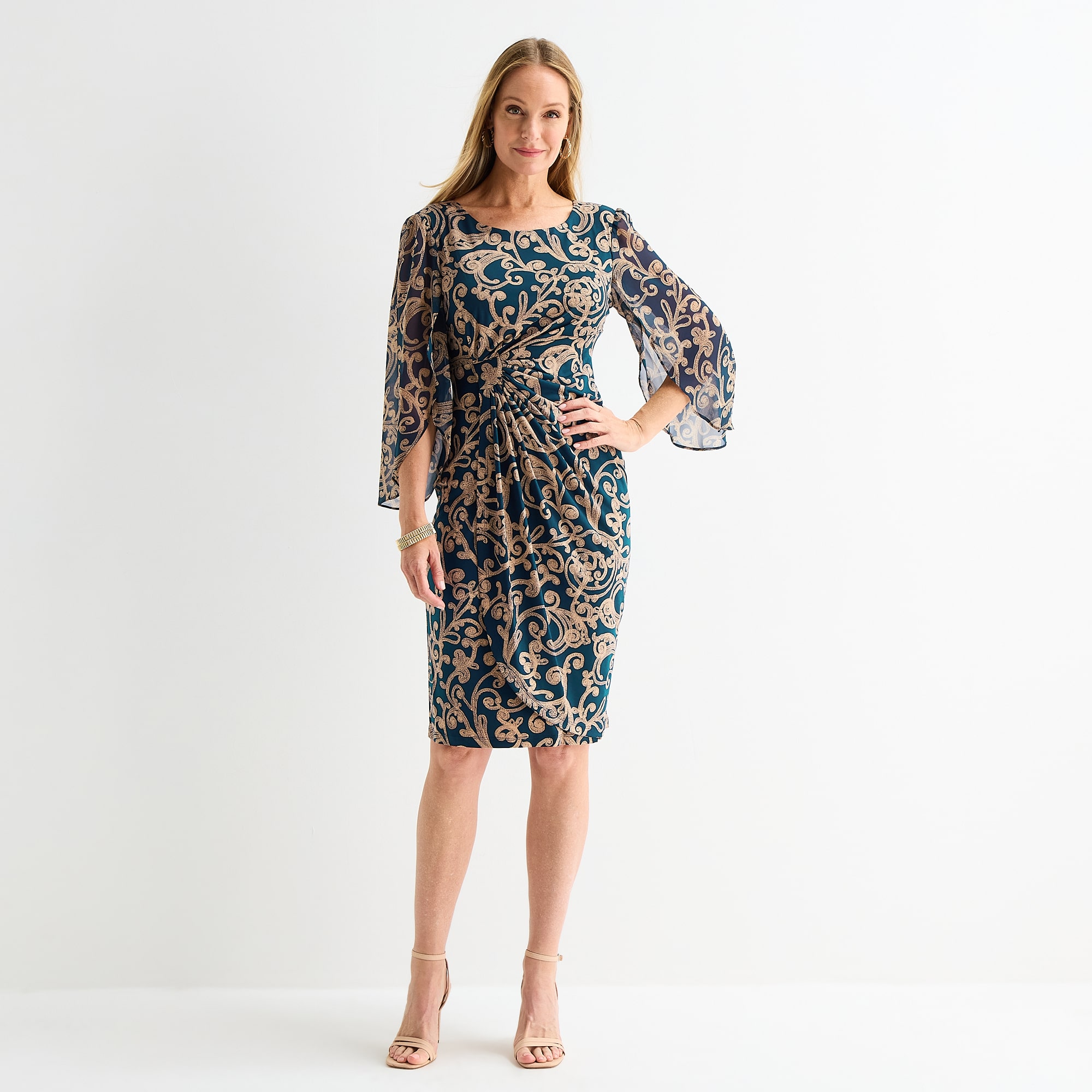 Connected Apparel Womens Round Neck 3/4 Sleeve Scroll Sheath Dress