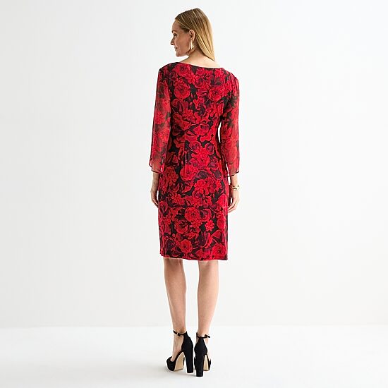 Connected Apparel Womens Round Neck 3/4 Sleeve Floral Sheath Dress