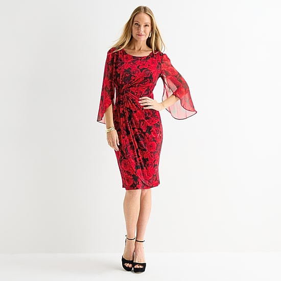 Connected Apparel Womens Round Neck 3/4 Sleeve Floral Sheath Dress