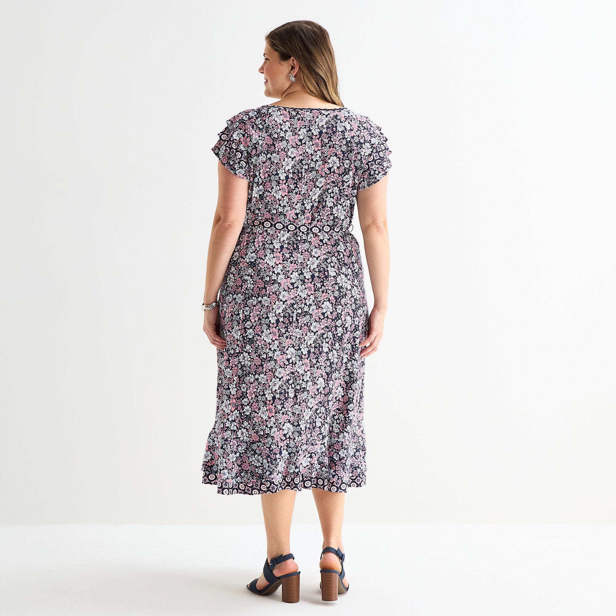 Perceptions Womens Plus Midi Round Neck Short Sleeve Ruffled Floral Fit + Flare Dress