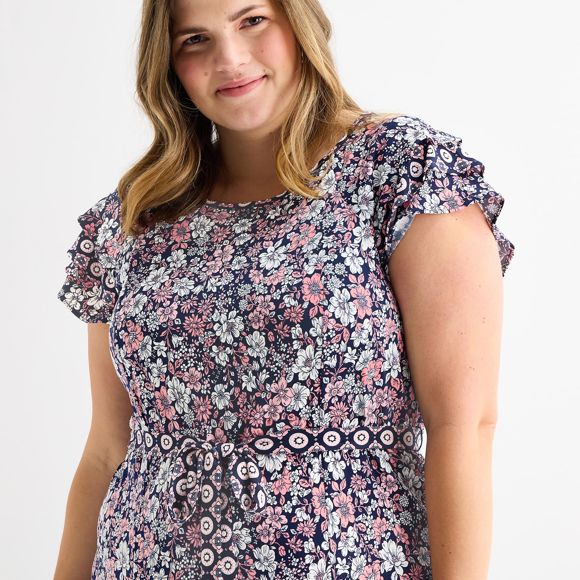 Perceptions Womens Plus Midi Round Neck Short Sleeve Ruffled Floral Fit + Flare Dress