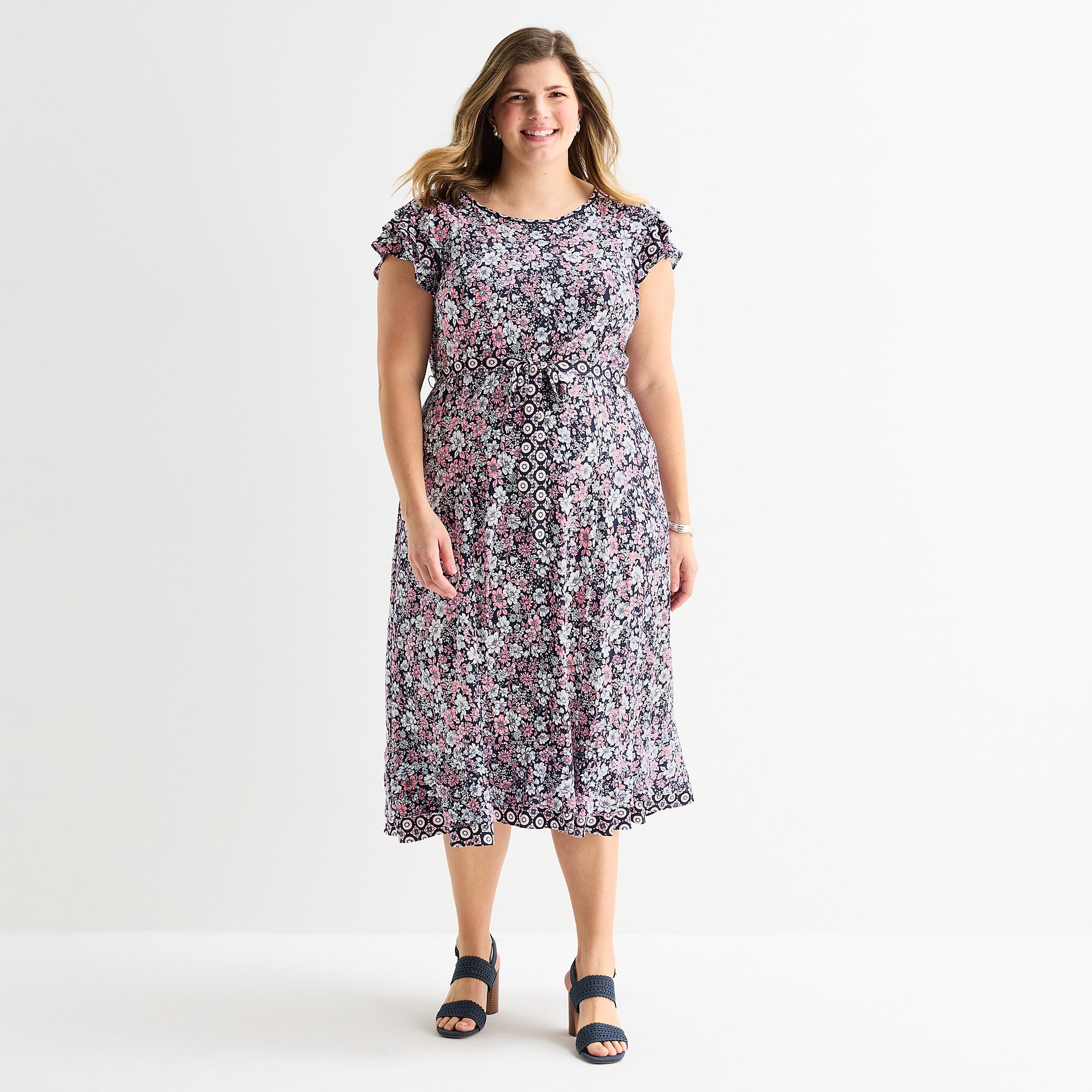 Perceptions Womens Plus Midi Round Neck Short Sleeve Ruffled Floral Fit + Flare Dress