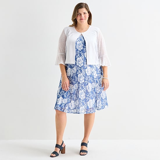 Perceptions Womens Plus Lace Floral Jacket Dress