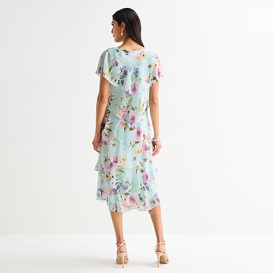 S. L. Fashions Womens Midi Round Neck Short Sleeve Floral Shift Dress
