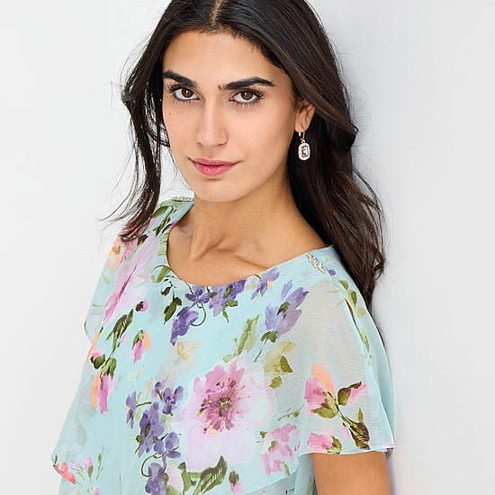 S. L. Fashions Womens Midi Round Neck Short Sleeve Floral Shift Dress