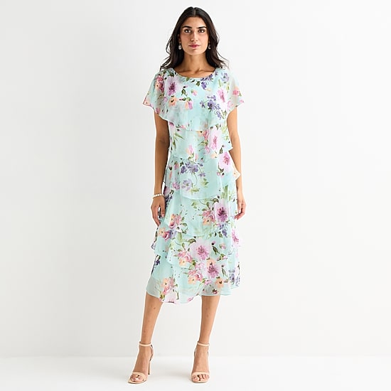 S. L. Fashions Womens Midi Round Neck Short Sleeve Floral Shift Dress