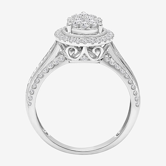 I-J / I2-I3 Womens 1 CT. T.W. Natural White Diamond 10K Gold Pear Side Stone Halo Engagement Ring