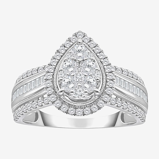 I-J / I2-I3 Womens 1 CT. T.W. Natural White Diamond 10K Gold Pear Side Stone Halo Engagement Ring