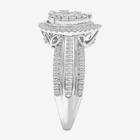I-J / I2-I3 Womens 1 CT. T.W. Natural White Diamond 10K Gold Pear Side Stone Halo Engagement Ring
