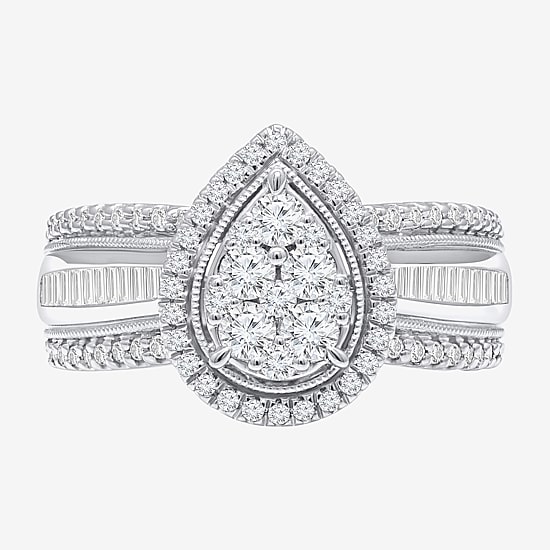 I-J / I2-I3 Womens 1 CT. T.W. Natural White Diamond 10K Gold Pear Side Stone Halo Engagement Ring