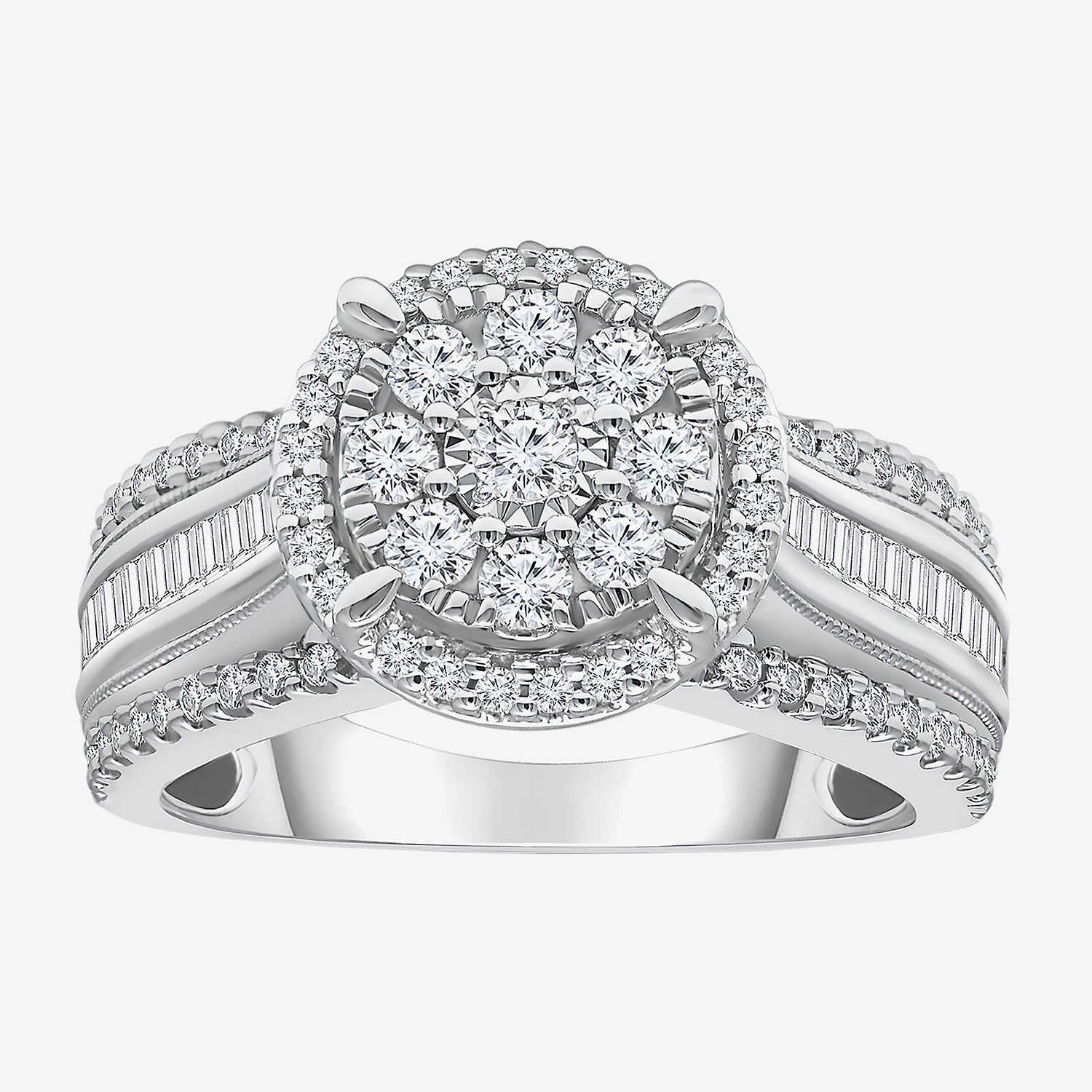 I-J / I2-I3 Womens 1 CT. T.W. Natural White Diamond 10K Gold Round Side Stone Halo Engagement Ring
