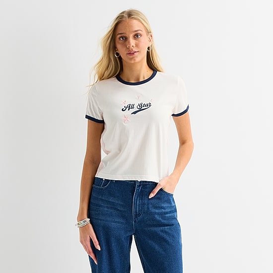Forever 21 Womens Juniors Crew Neck Short Sleeve Regular Fit Graphic T-Shirt