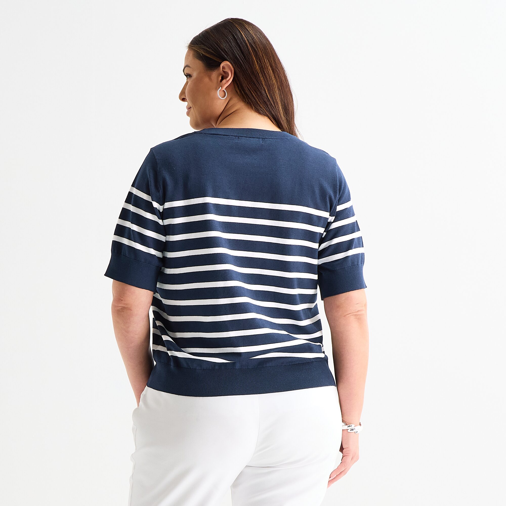 Liz Claiborne Plus Womens Crew Neck Short Sleeve Striped Pullover Sweater