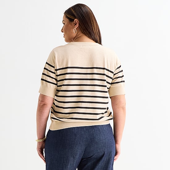 Liz Claiborne Plus Womens Crew Neck Short Sleeve Striped Pullover Sweater